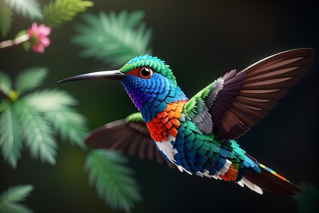 a colorful bird is flying in the air with a green branch