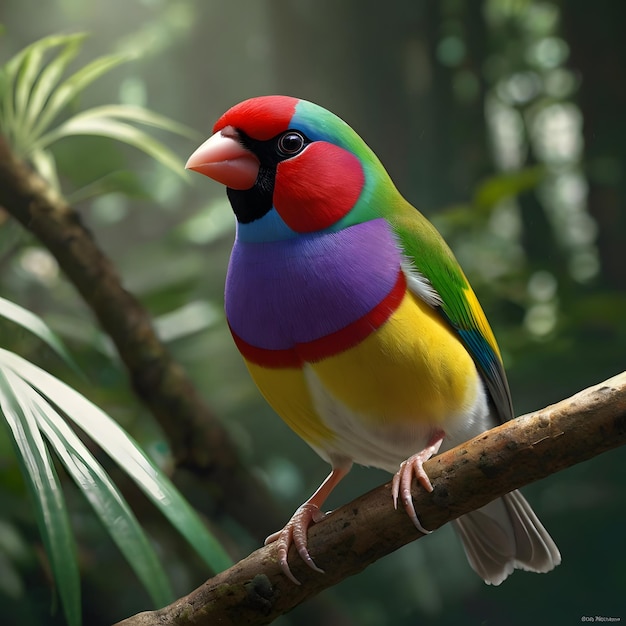 a colorful bird is perched on a branch in the forest