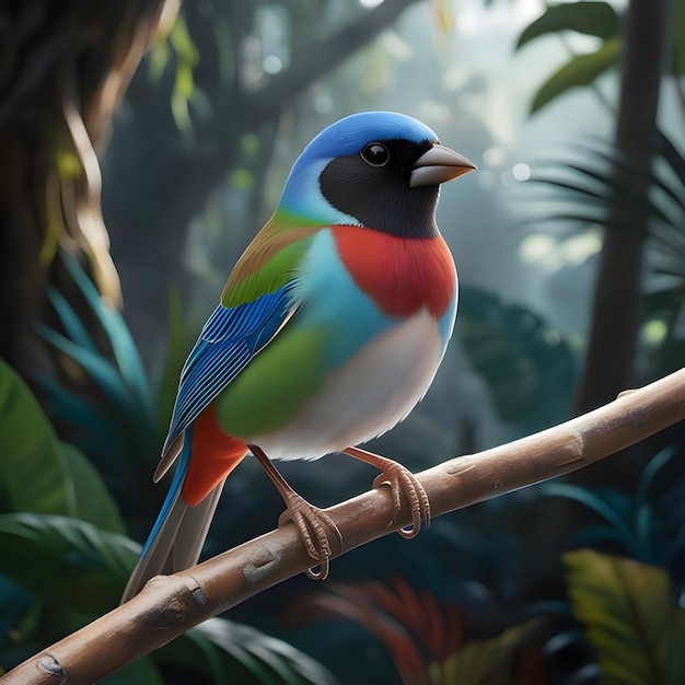 a colorful bird is perched on a branch in a jungle