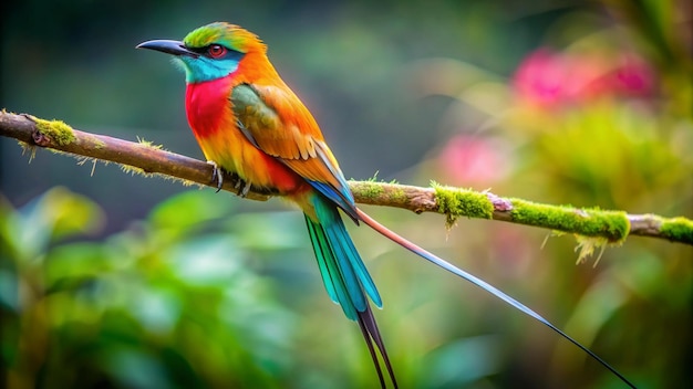 a colorful bird is perched on a branch with flowers in the background