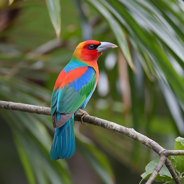 Photo a colorful bird is perched on a branch with a green background