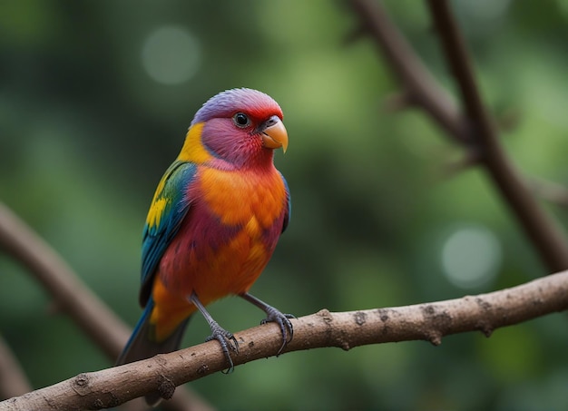 a colorful bird is perched on a branch with a green background