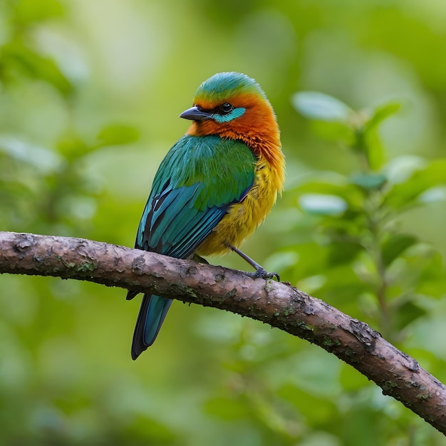 a colorful bird is perched on a branch with a green background