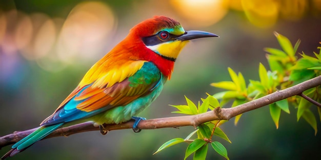 a colorful bird is perched on a branch with leaves and a blurry background