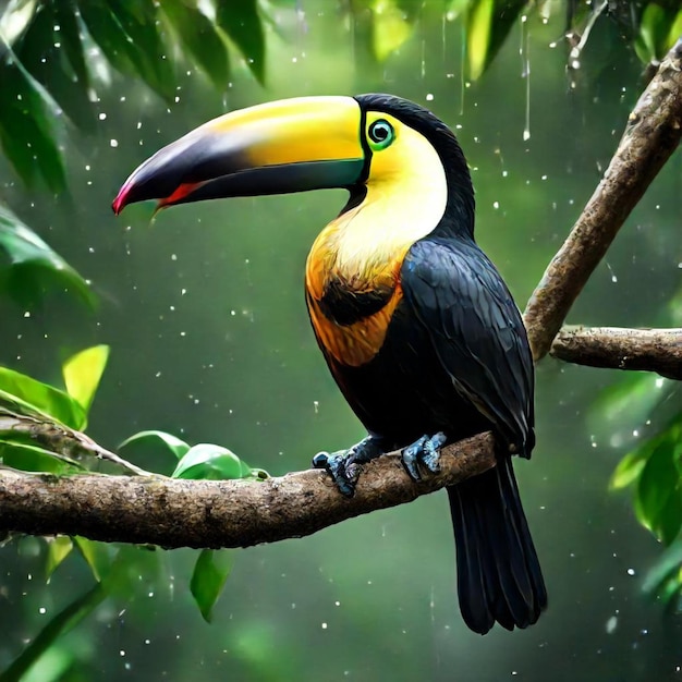 a colorful bird is perched on a branch with rain drops