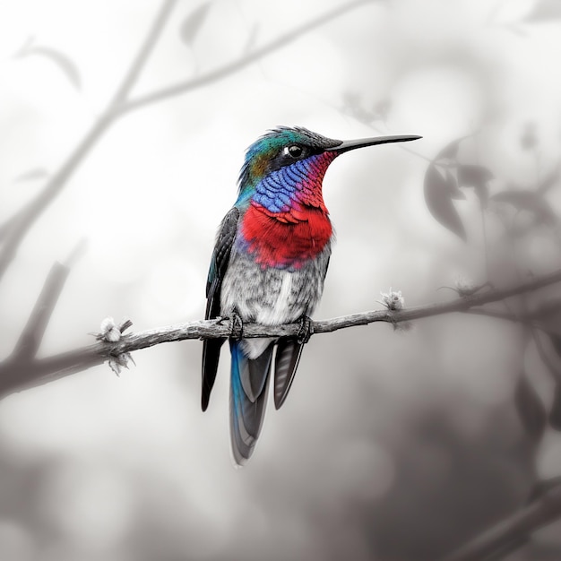 a colorful bird is perched on a branch with a white background.