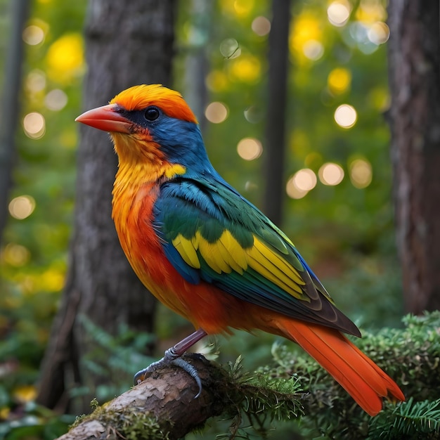 a colorful bird is sitting on a branch in the forest