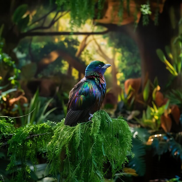 Photo a colorful bird is sitting on a branch in a jungle