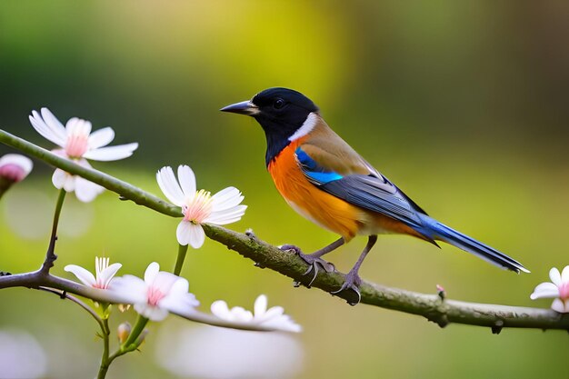 a colorful bird is sitting on a branch with flowers in the background.