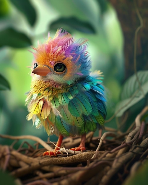 a colorful bird is standing on a branch with the colors of the rainbow