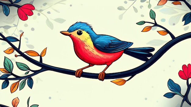 Colorful Bird Perched on a Branch in a Floral Setting