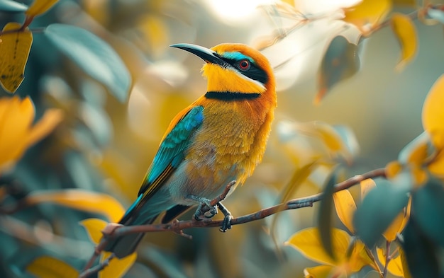 Colorful Bird Perched on a Branch in a Sunny Forest