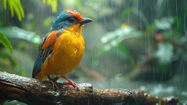 A colorful bird perched on a branch in a tropical rainforest