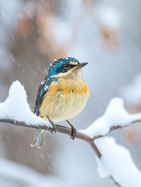 Photo colorful bird perched in snowy winter landscape