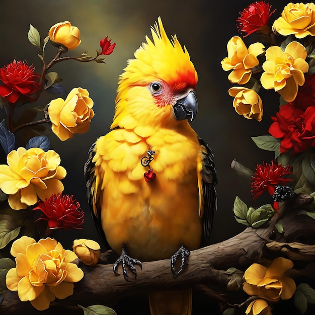 a colorful bird sits on a branch Ai Generated