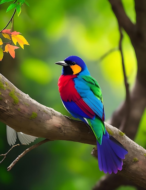 colorful bird sits on a branch in the forest ai generated