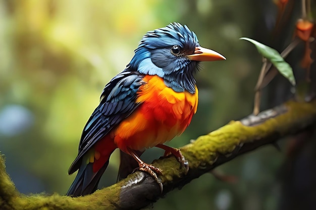 Colorful bird sits on a branch in the forest