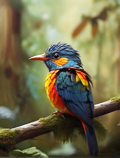 Colorful bird sits on a branch in the forest