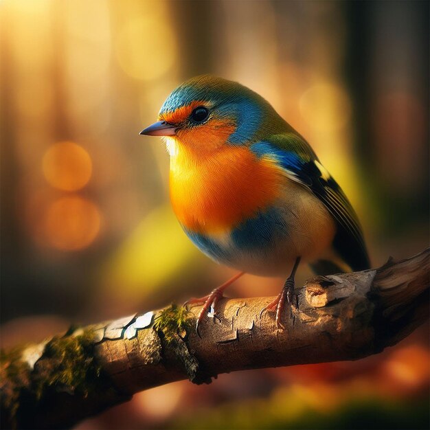 A colorful bird sits on a branch in the forest