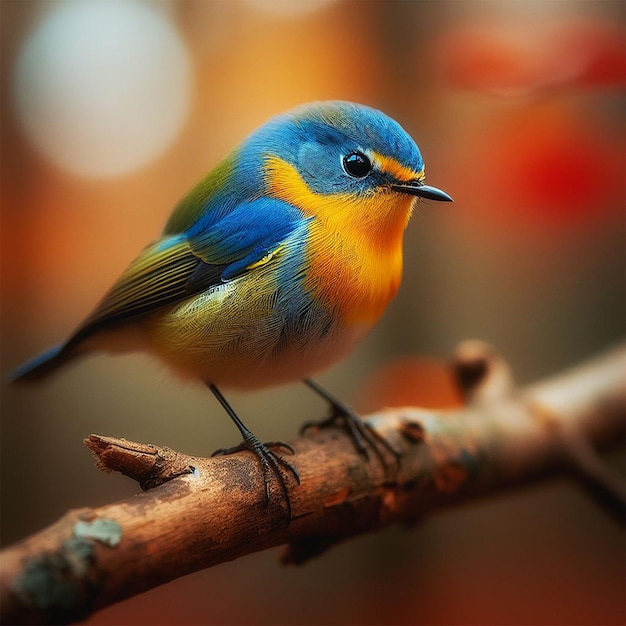 A colorful bird sits on a branch in the forest