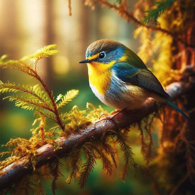 A colorful bird sits on a branch in the forest