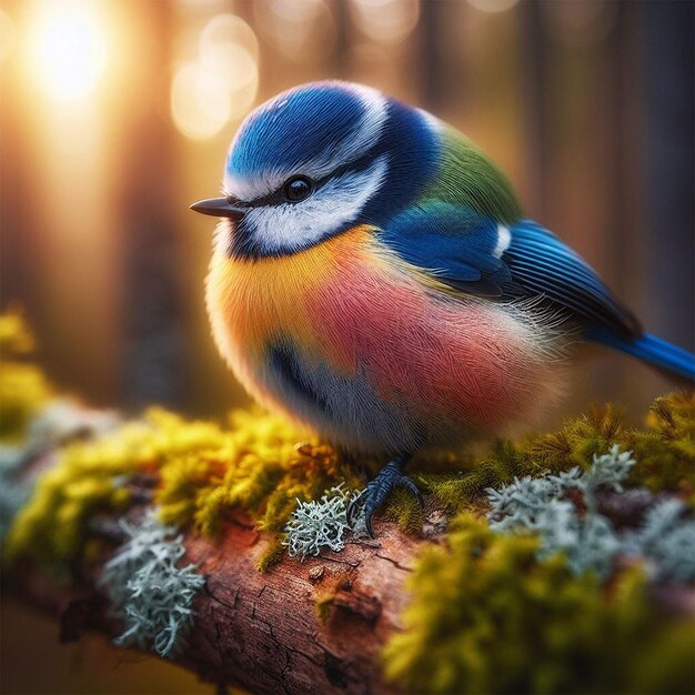 A colorful bird sits on a branch in the forest