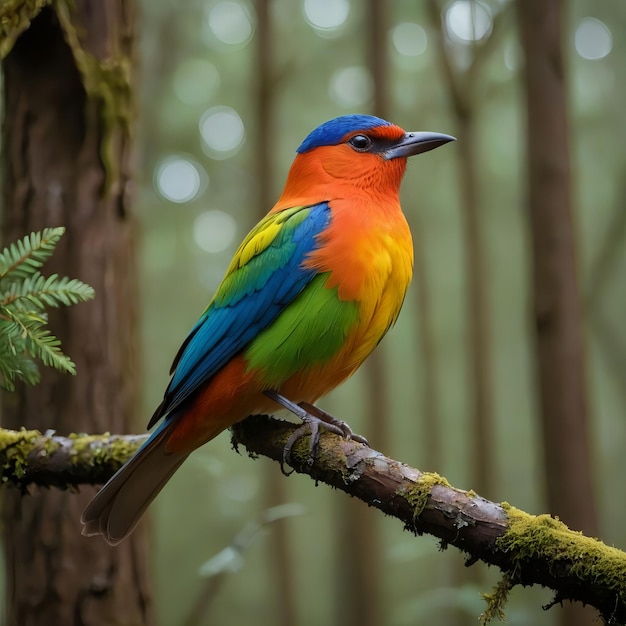 a colorful bird sits on a branch in the forest