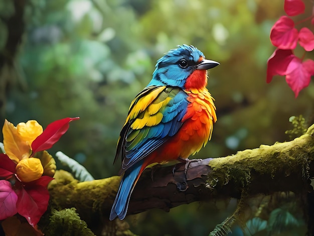 A colorful bird sits on a branch in the forest