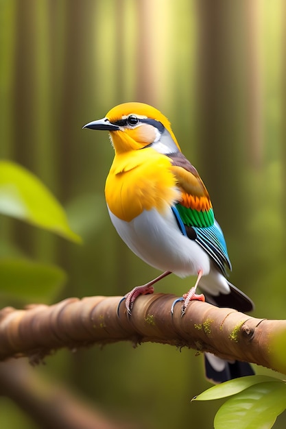 A colorful bird sits on a branch in the forest