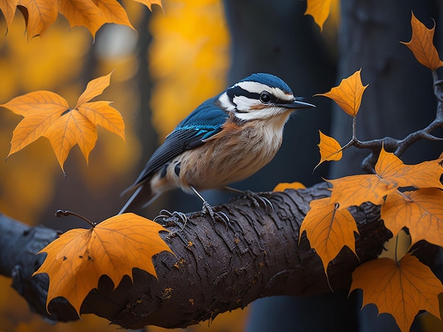 A colorful bird sits on a branch in the jungle