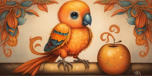 A colorful bird sits on a branch next to a pumpkin.