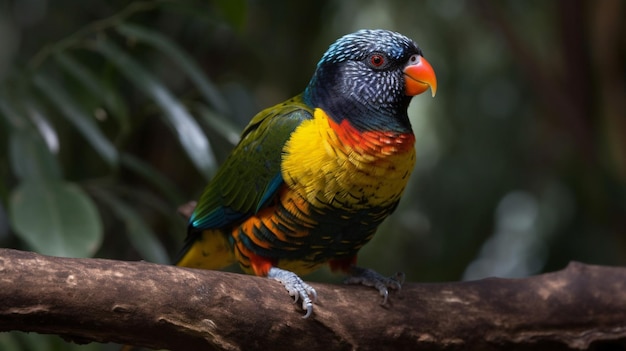 A colorful bird sits on a branch in a rainforest.