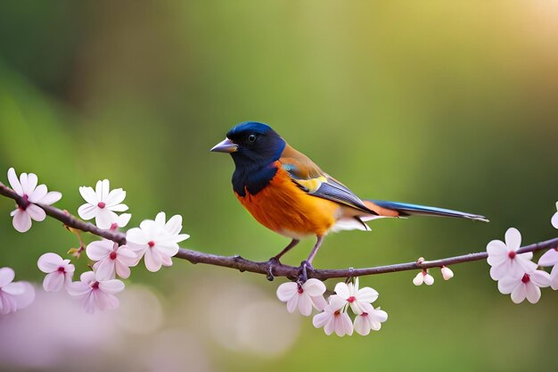 a colorful bird sits on a branch with a blurred background.