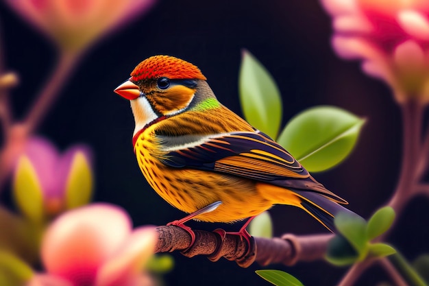 A colorful bird sits on a branch with flowers in the background.