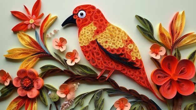 A colorful bird sits on a branch with flowers.