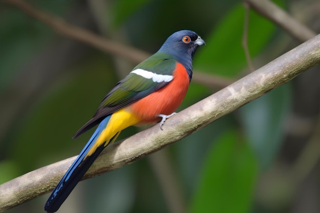 A colorful bird sits on a branch with green leaves in the background.