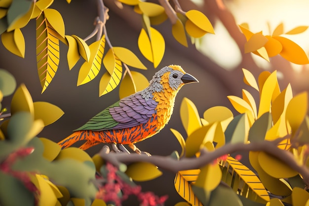 A colorful bird sits on a branch with leaves in the background.