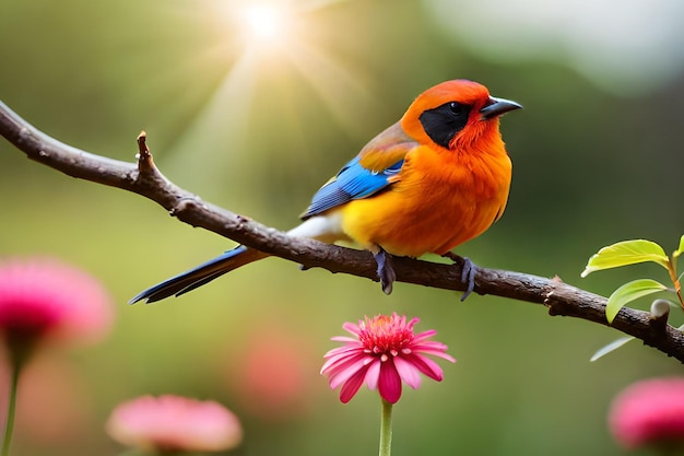 A colorful bird sits on a branch with a pink flower in the background.