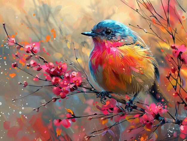 a colorful bird sits on a branch with pink flowers