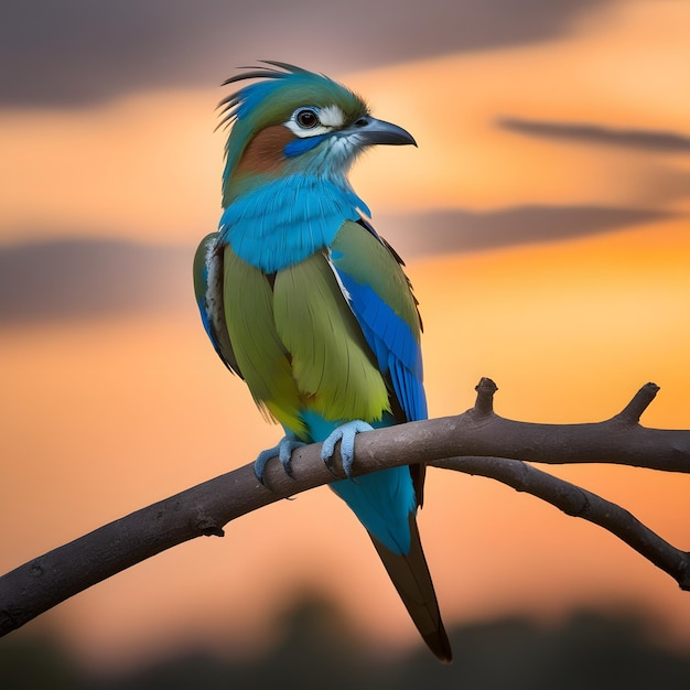 a colorful bird sits on a branch with the sun behind it