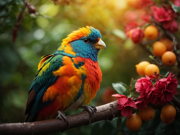 A colorful bird sits on a branch