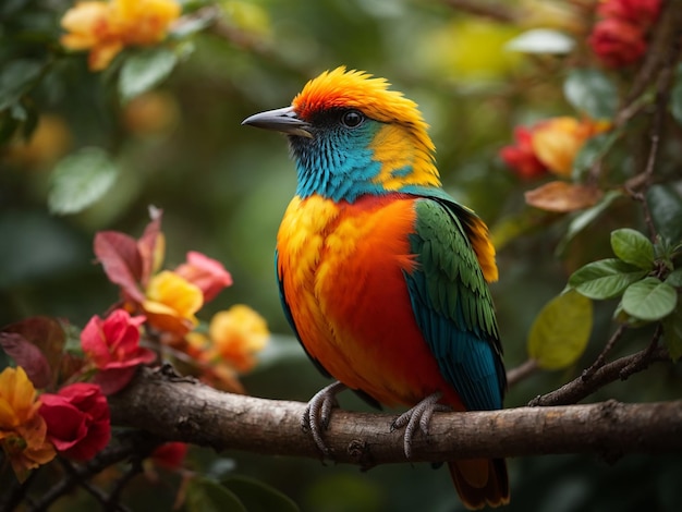 A colorful bird sits on a branch