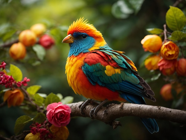 A colorful bird sits on a branch