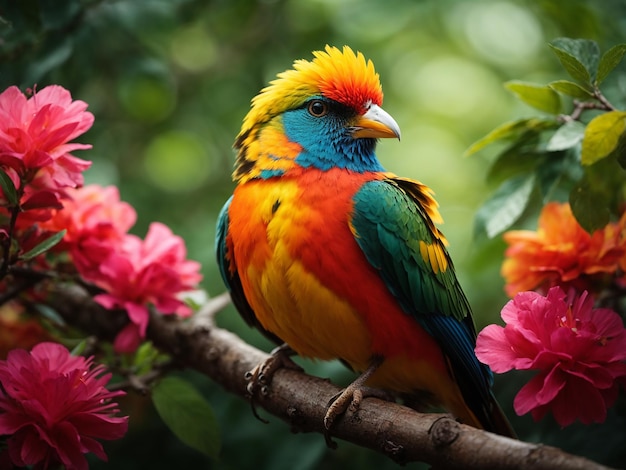 A colorful bird sits on a branch