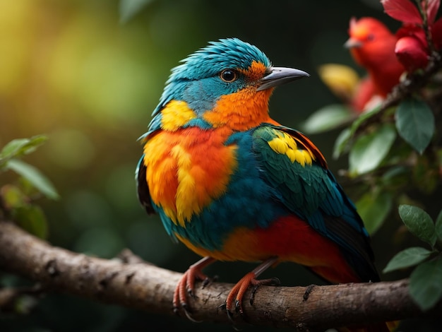 A colorful bird sits on a branch