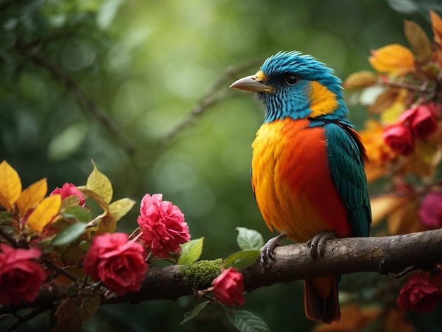 A colorful bird sits on a branch