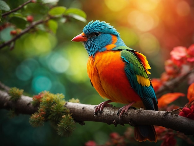 A colorful bird sits on a branch