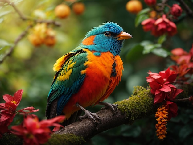 A colorful bird sits on a branch