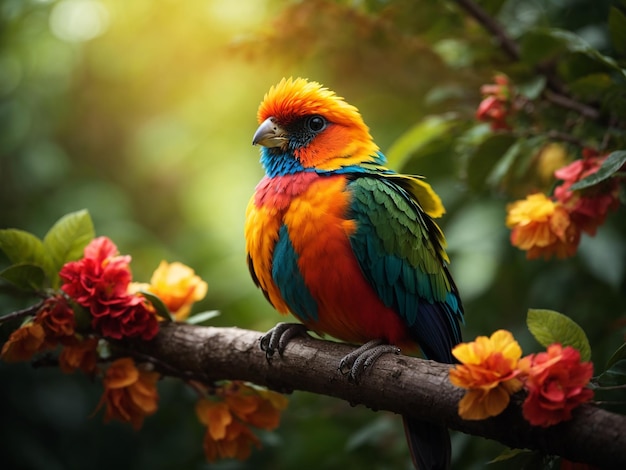 A colorful bird sits on a branch