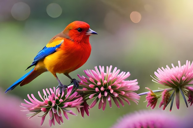 A colorful bird sits on a flower